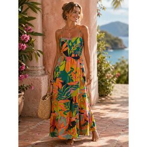 Sincerely Jules Colorful Tropical Maxi Dress Sun Dress Small Cotton Tiered